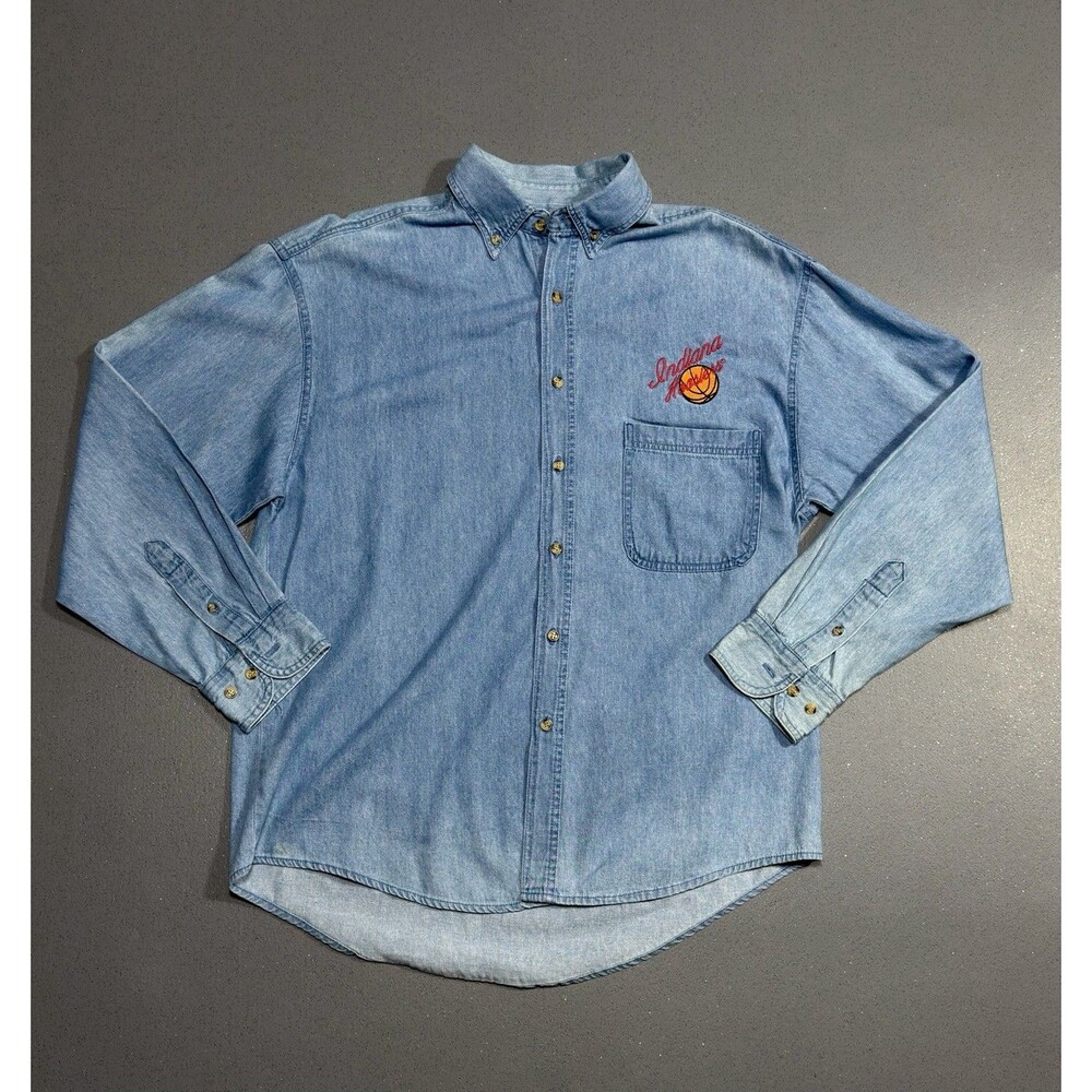 Vtg 90s Indiana Hoosiers Basketball Denim Shirt Large IU Tomato Denim Button Up